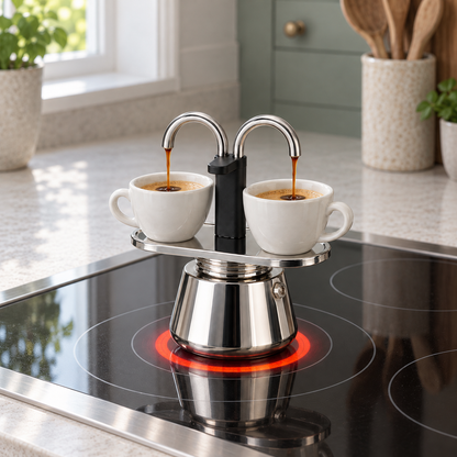 Mini stainless steel moka pot with two spouts brewing coffee into two small cups on its tray, on a glowing electric stovetop