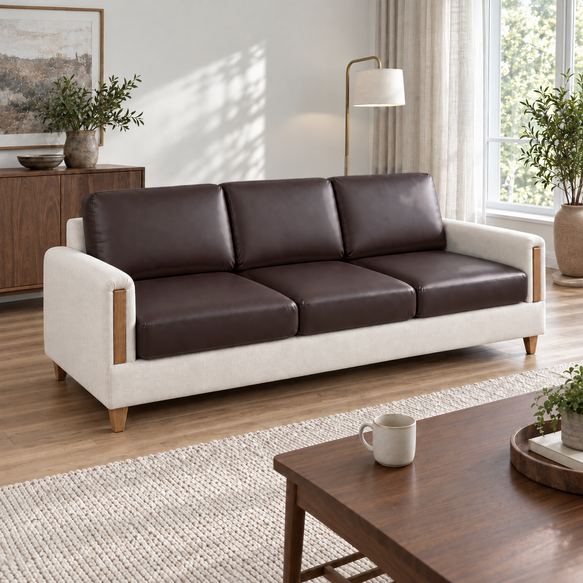 Three-seat sofa with brown PU leather cushion covers in a wood-floored living room with a low coffee table