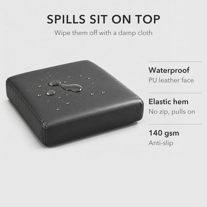 Text image: spills sit on top and wipe off, water beading on a charcoal PU leather cushion cover