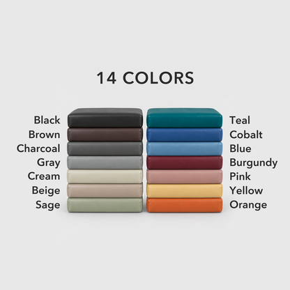 Text image: the cushion cover in 14 colors, black, brown, charcoal, gray, cream, beige, sage, teal, cobalt, blue, burgundy, pink, yellow and orange, each named