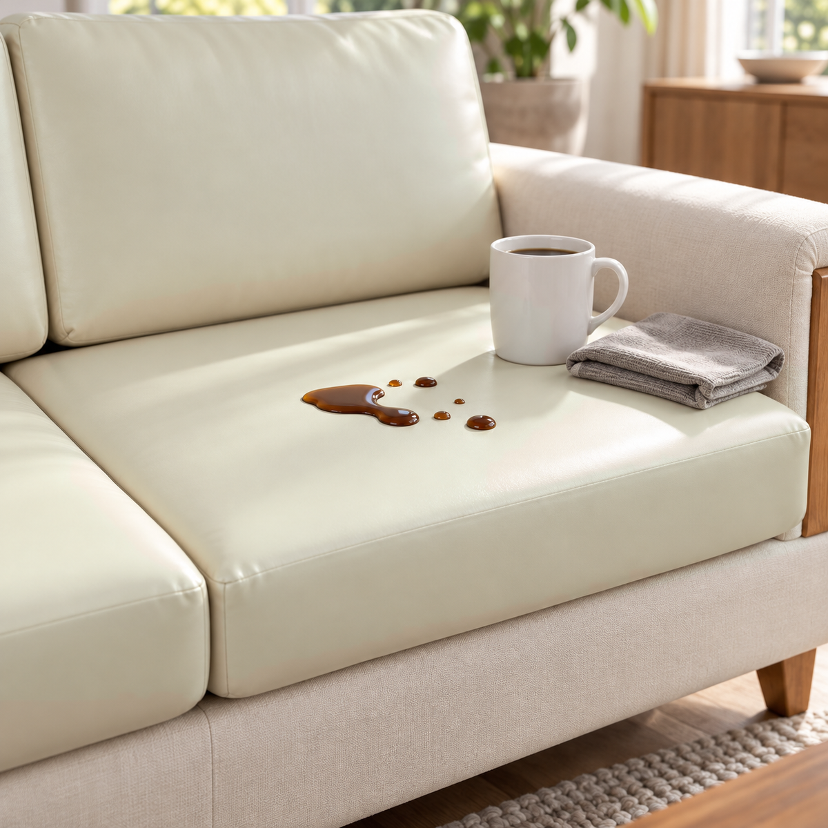 Coffee spill sitting in beads on a cream PU leather seat cushion cover, a mug and a folded cloth beside it
