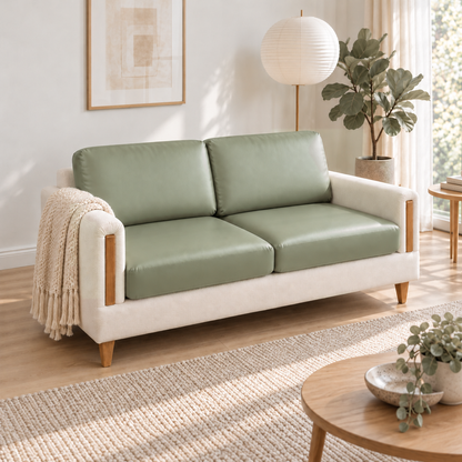 Sofa with sage green PU leather cushion covers in a bright Scandinavian living room with pale wood and white walls