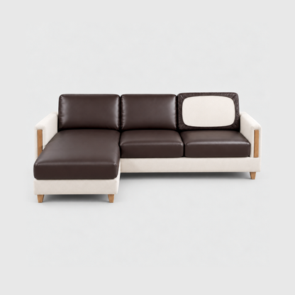 Sectional sofa with brown PU leather cushion covers on a light gray background