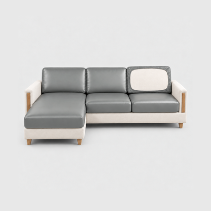 Sectional sofa with gray PU leather cushion covers on a light gray background