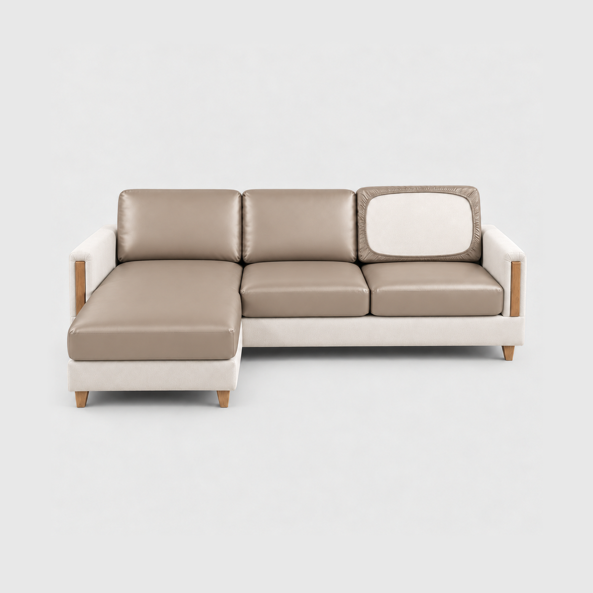 Sectional sofa with beige PU leather cushion covers on a light gray background