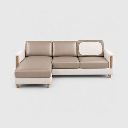 Sectional sofa with beige PU leather cushion covers on a light gray background