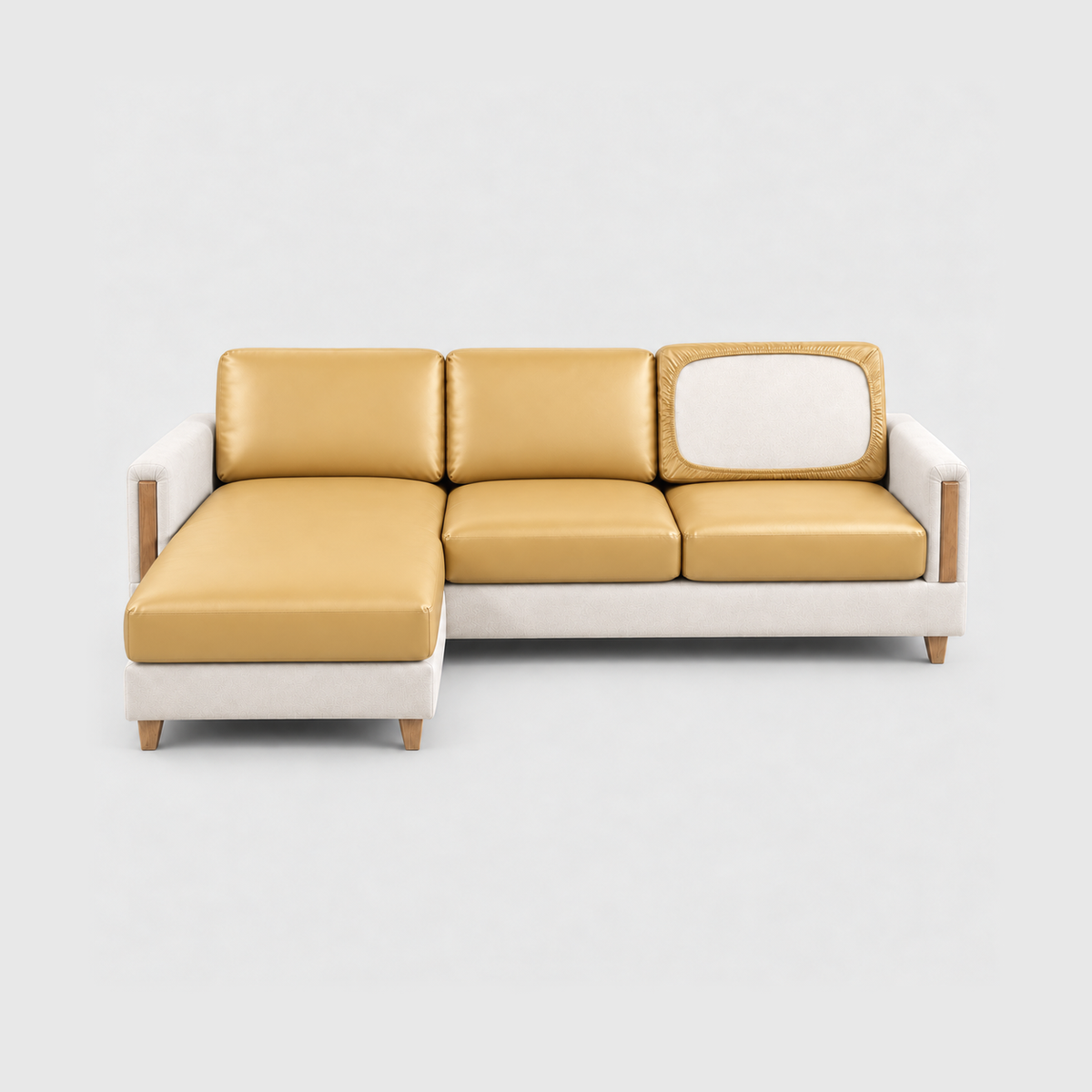 Sectional sofa with soft yellow PU leather cushion covers on a light gray background