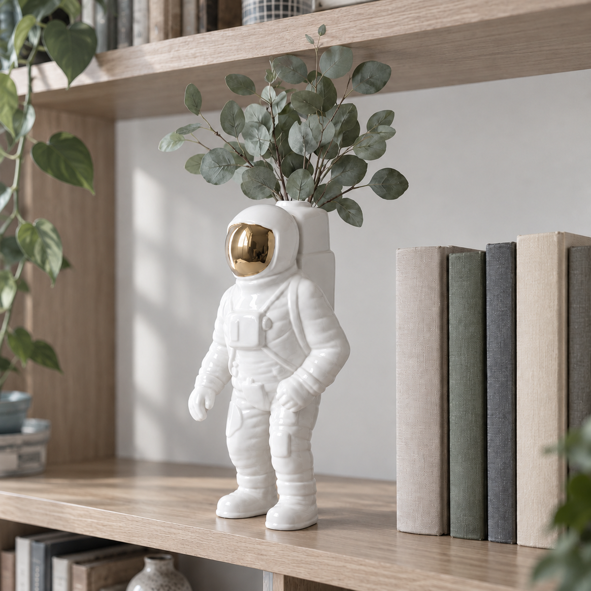 A white astronaut flower vase holding eucalyptus stems in its backpack on an oak bookshelf beside hardback books