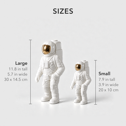 Text image: Astronaut vase sizes, small 7.9 inches tall and large 11.8 inches tall, shown side by side