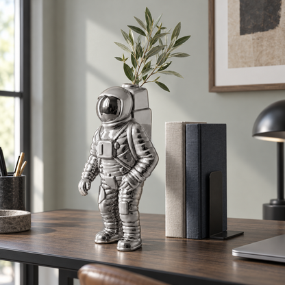 A mirror silver astronaut vase holding an olive branch on a black and oak desk in a home office