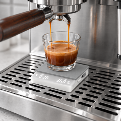 White coffee scale with a gray mat on an espresso machine drip tray, a glass shot cup filling from the portafilter spouts