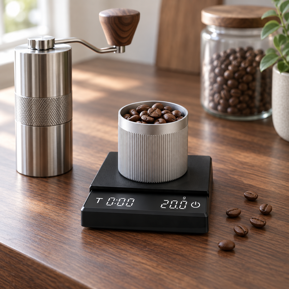 Black coffee scale weighing a dosing cup of coffee beans on a walnut counter beside a stainless steel hand grinder