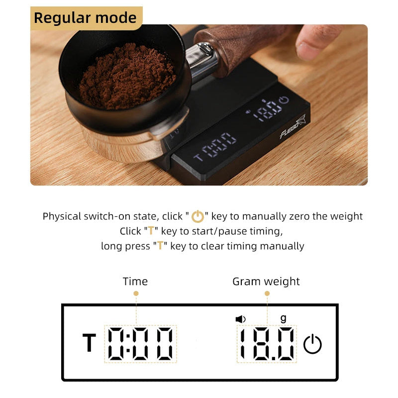 Regular mode graphic showing a portafilter of ground coffee on the black scale, with the timer and gram weight explained