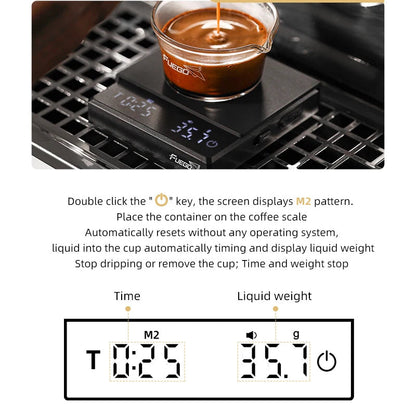 Espresso mode graphic showing a shot pouring onto the black scale and the time and liquid weight display