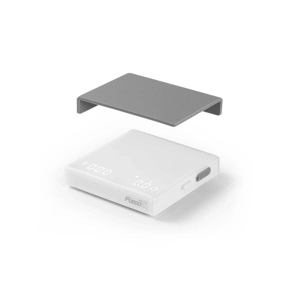 White coffee scale with its gray silicone mat lifted off above it, on a white background