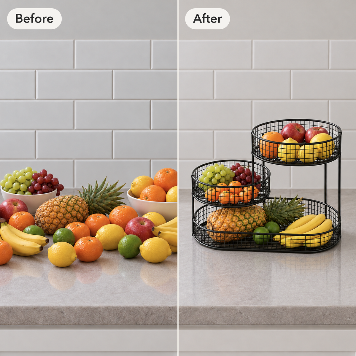 Before and after: a kitchen counter crowded with loose fruit and bowls, then the same counter clear with the fruit in the black three tier stand