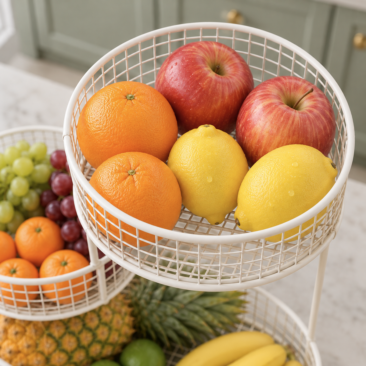 Looking down into the top basket of the white three tier stand, full of oranges, lemons and apples, with grapes in the lower basket below
