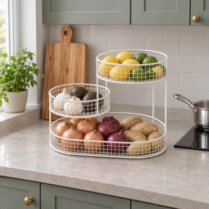 White three tier wire stand holding onions, potatoes, garlic, avocados, lemons and limes beside the cooktop in a daylight kitchen