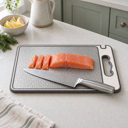 Double sided cutting board with the stainless steel side up, a sliced salmon fillet and a chef's knife, on a stone counter in a sage green kitchen