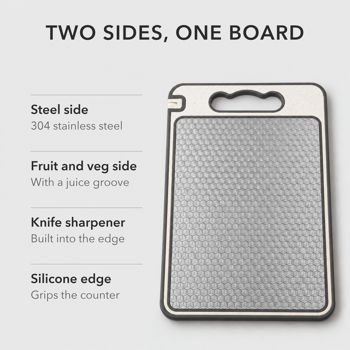 Stainless steel cutting board face with text listing a 304 stainless steel side, a fruit and veg side with a juice groove, a built-in knife sharpener and a silicone edge that grips the counter