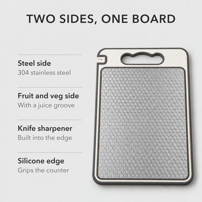 Stainless steel cutting board face with text listing a 304 stainless steel side, a fruit and veg side with a juice groove, a built-in knife sharpener and a silicone edge that grips the counter
