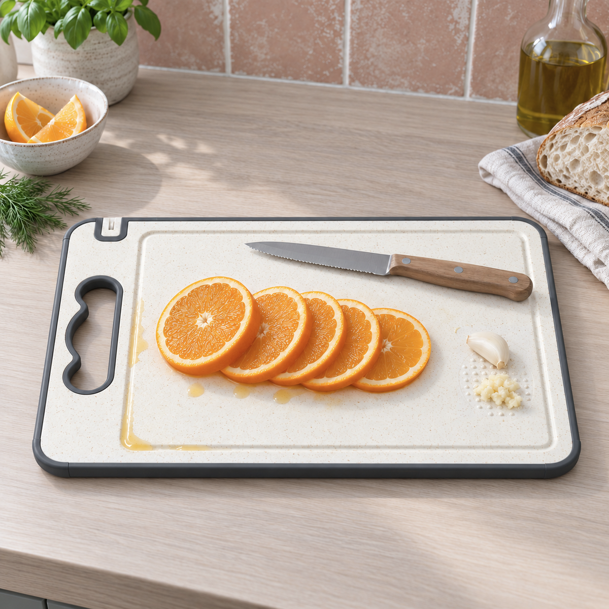 Fruit and veg side of the cutting board with sliced oranges and crushed garlic on the grinding area, on an oak counter with terracotta tiles