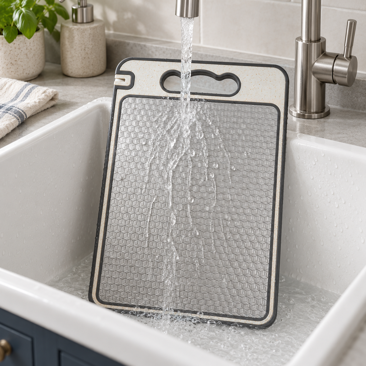 Stainless steel side of the cutting board being rinsed under the tap in a white farmhouse sink