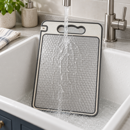 Stainless steel side of the cutting board being rinsed under the tap in a white farmhouse sink