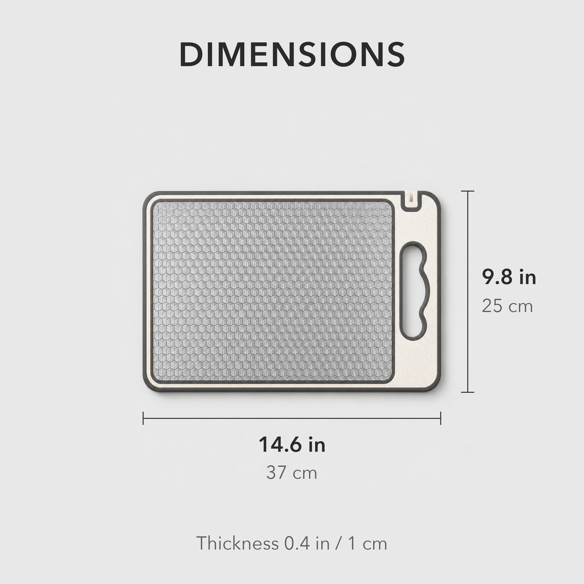 Cutting board dimensions: 14.6 x 9.8 in (37 x 25 cm), 0.4 in (1 cm) thick