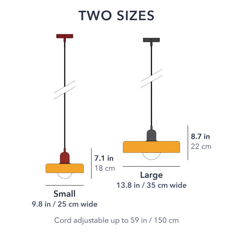 Line drawing of the Small and Large pendant lights with their widths and heights in inches and centimeters