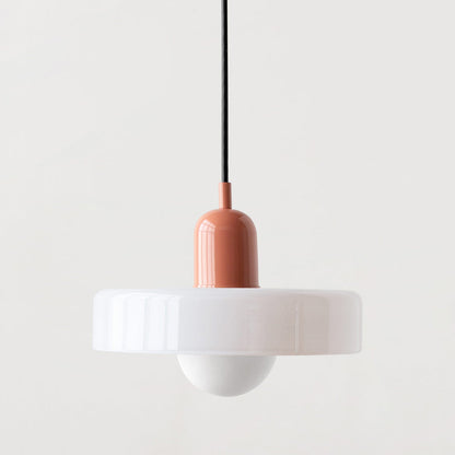 Bauhaus pendant light with a white glass ring shade and a pink body
