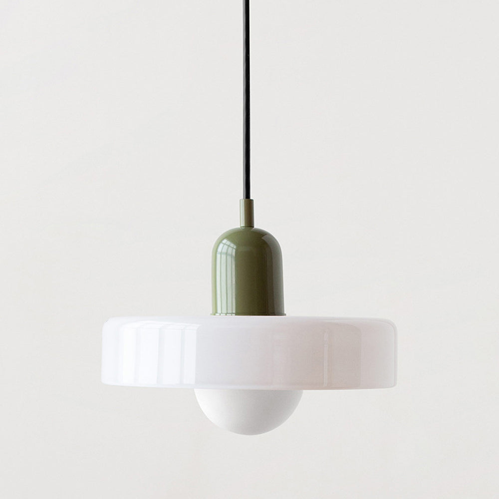 Bauhaus pendant light with a white glass ring shade and a sage green body