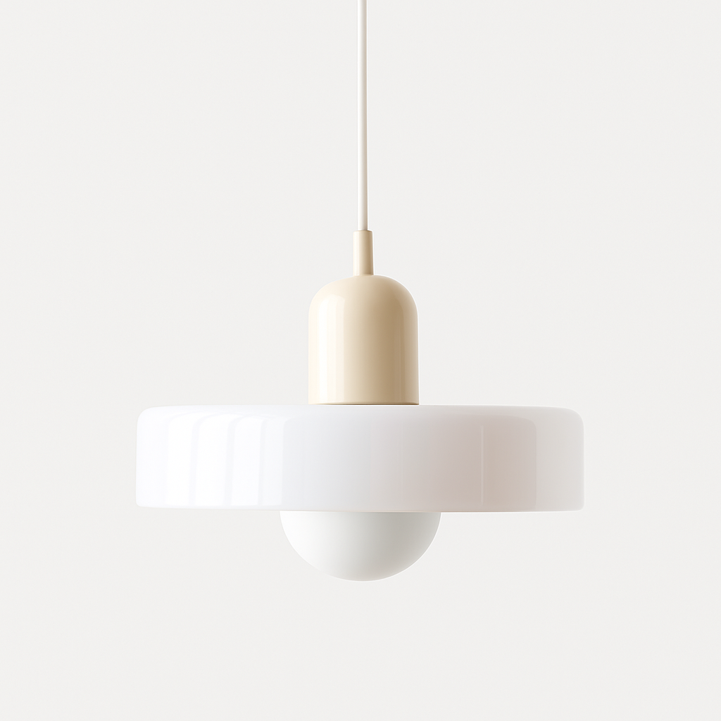 Bauhaus pendant light with a white glass ring shade, a beige body and a white cord