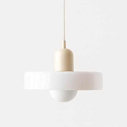 Bauhaus pendant light with a white glass ring shade, a beige body and a white cord
