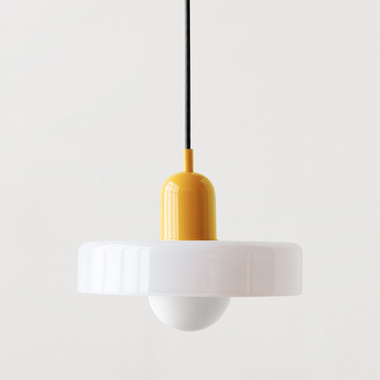 Bauhaus pendant light with a white glass ring shade and a yellow body
