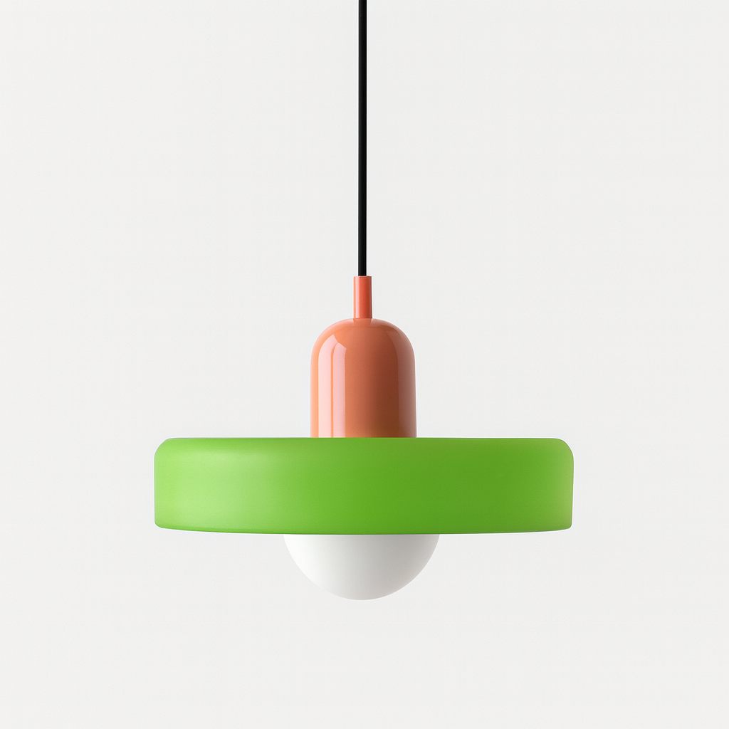 Bauhaus pendant light with a matte green glass ring shade and a pink body