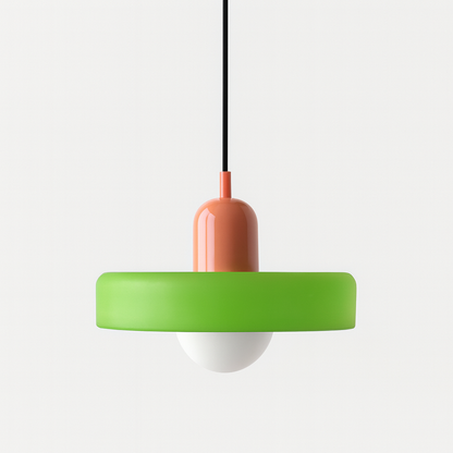 Bauhaus pendant light with a matte green glass ring shade and a pink body