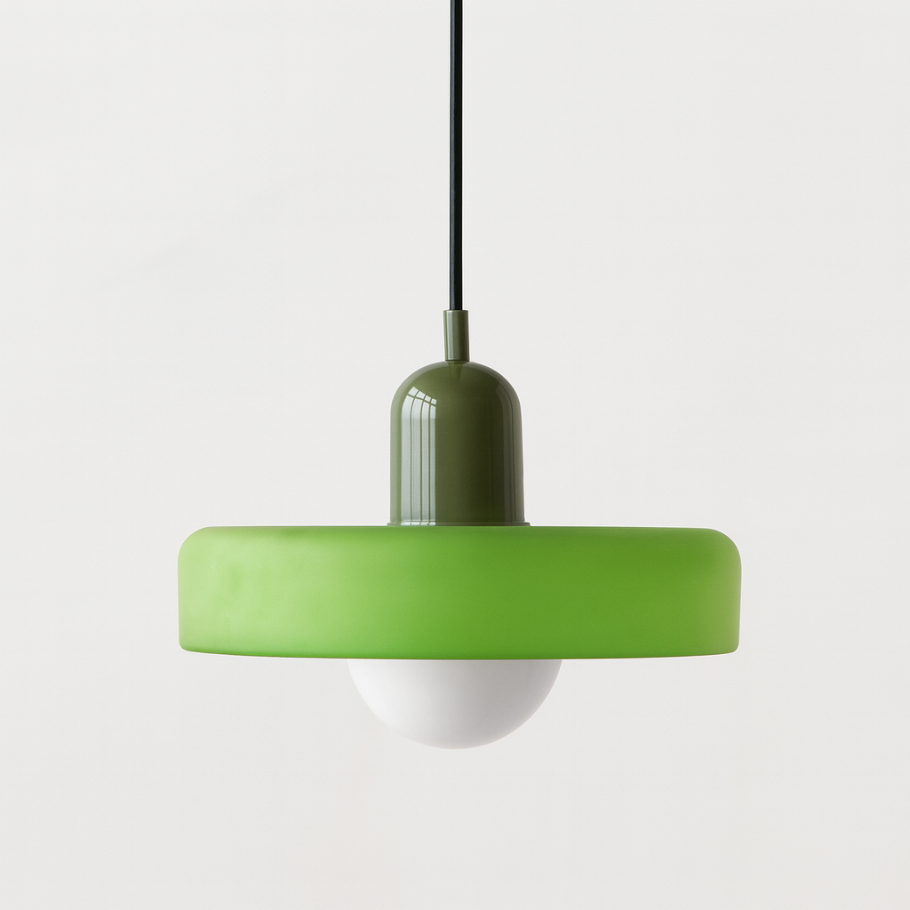 Bauhaus pendant light with a matte green glass ring shade and a sage green body