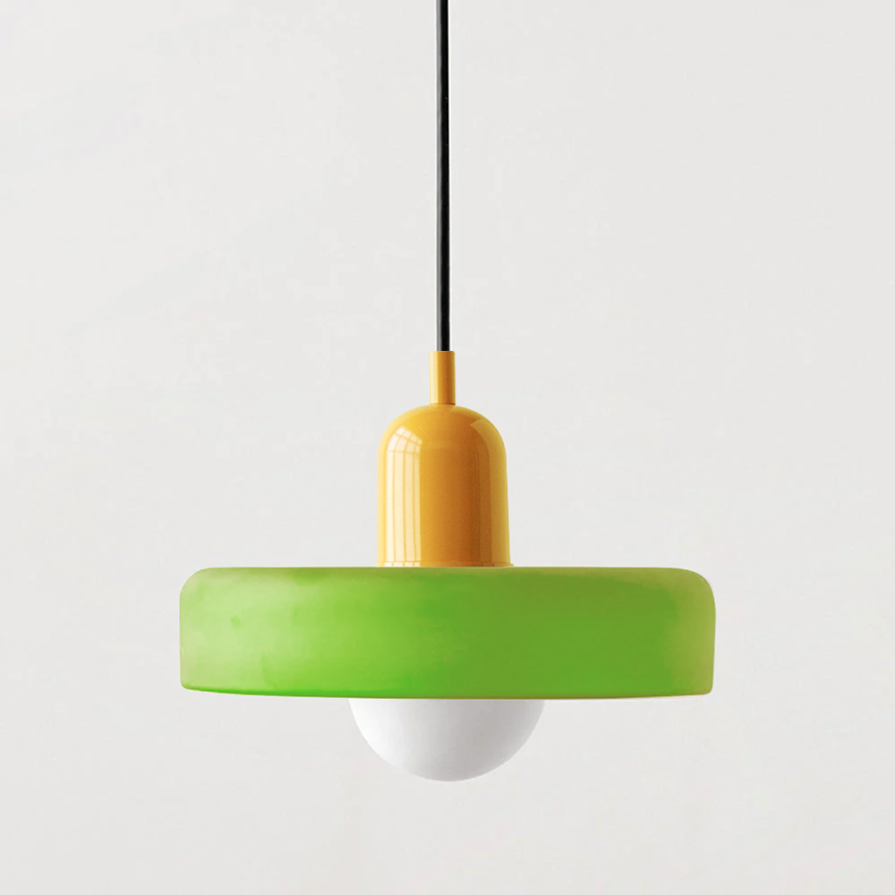 Bauhaus pendant light with a matte green glass ring shade and a yellow body