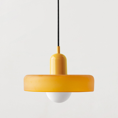 Bauhaus pendant light with a matte amber glass ring shade and a yellow body