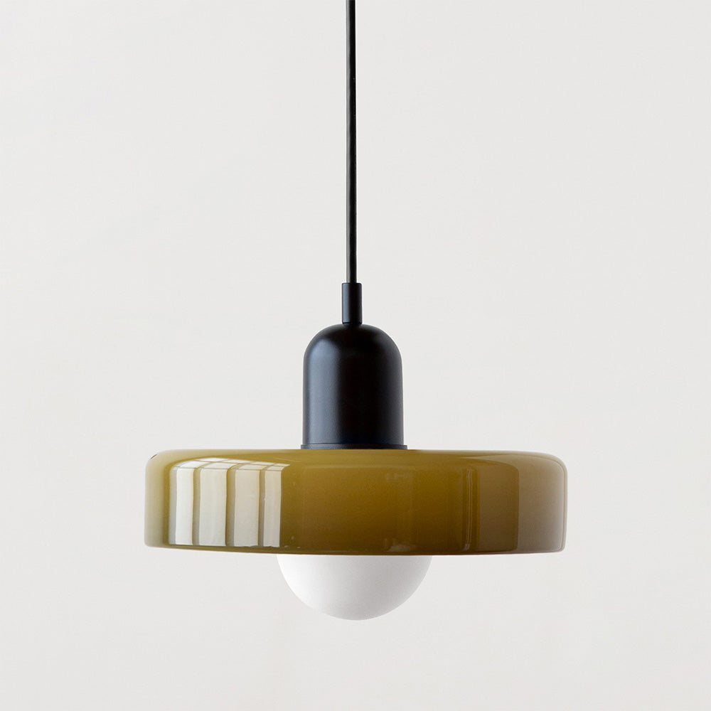 Bauhaus pendant light with a glossy olive glass ring shade and a black body