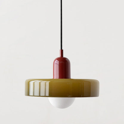 Bauhaus pendant light with a glossy olive glass ring shade and a burgundy body
