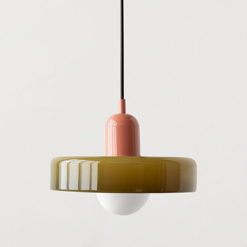 Bauhaus pendant light with a glossy olive glass ring shade and a pink body