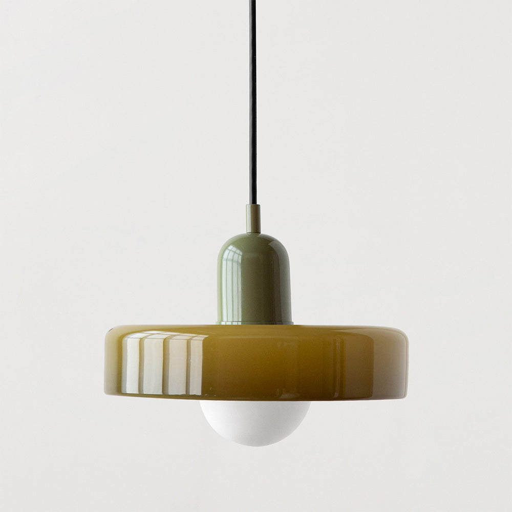 Bauhaus pendant light with a glossy olive glass ring shade and a sage green body