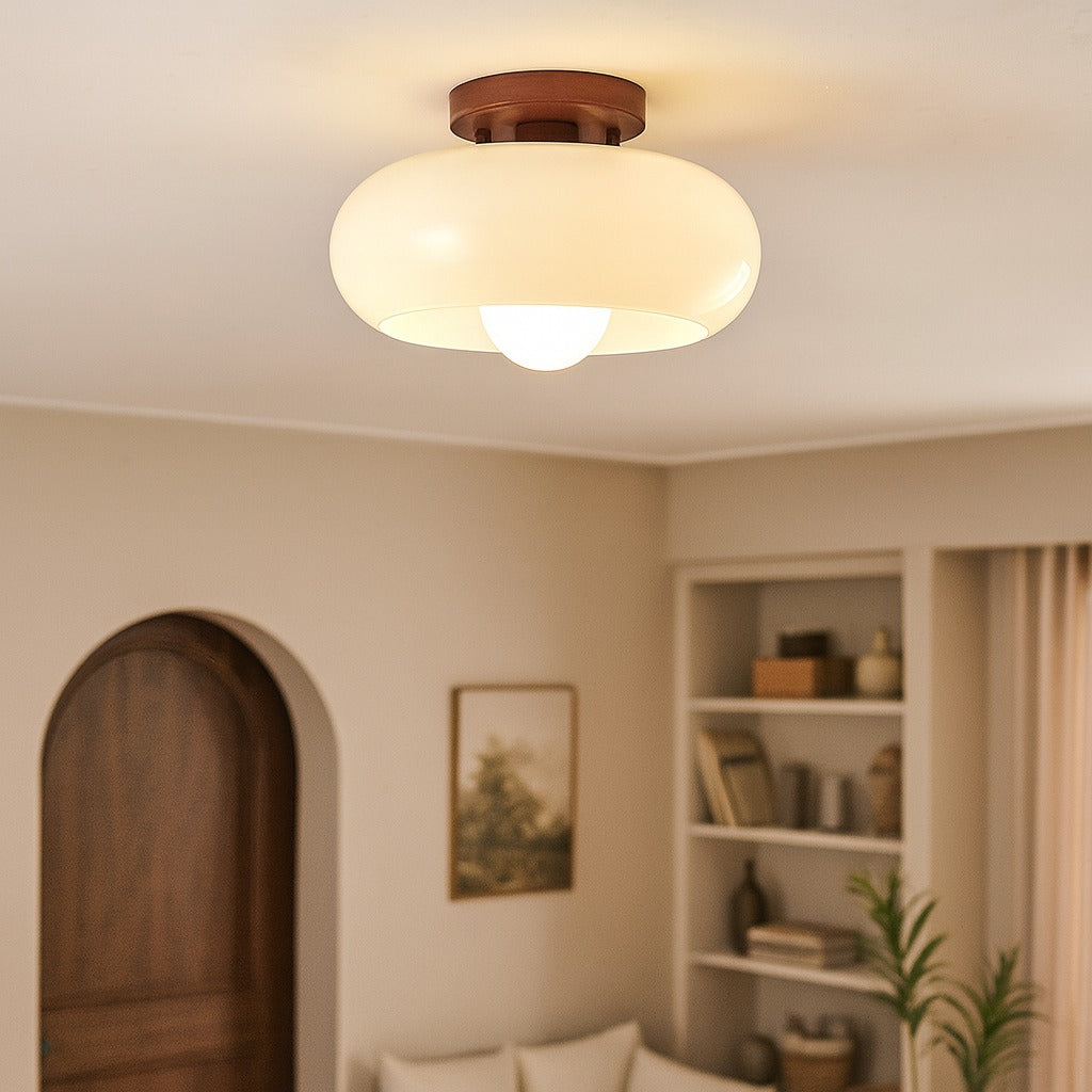 Rounded cream glass ceiling light lit above a living room with an arched wooden door and built-in shelves