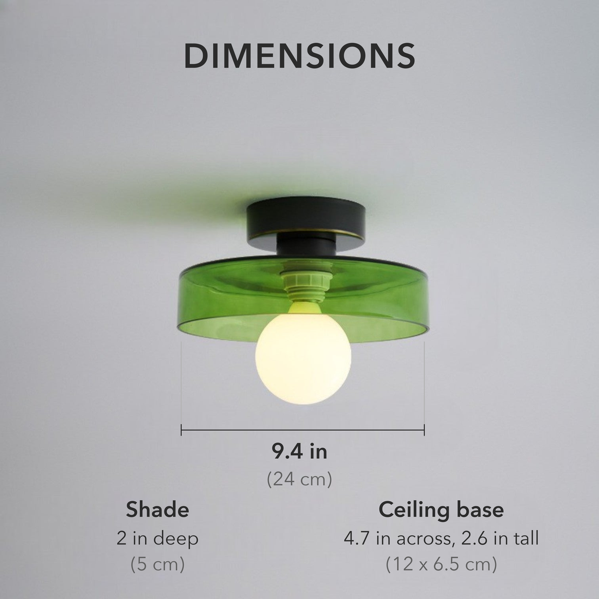 Dimensions card: shade 9.4 inches across and 2 inches deep, ceiling base 4.7 inches across and 2.6 inches tall