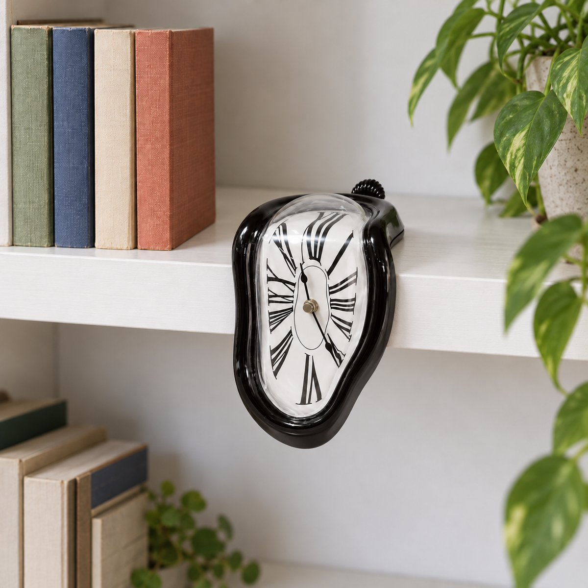 A black melting clock draped over the edge of a white bookcase shelf beside a row of paperback books