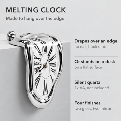 Text image: Melting clock that drapes over a shelf edge or stands on a desk, silent quartz, four finishes