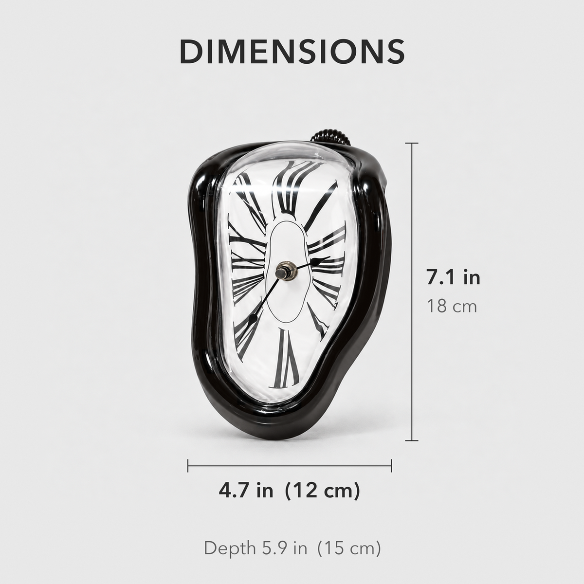 Text image: Melting clock dimensions, 7.1 inches tall, 4.7 inches wide and 5.9 inches deep