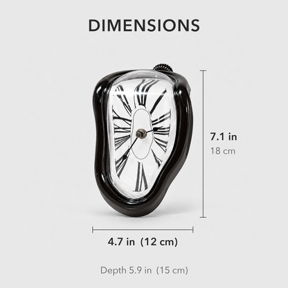 Text image: Melting clock dimensions, 7.1 inches tall, 4.7 inches wide and 5.9 inches deep